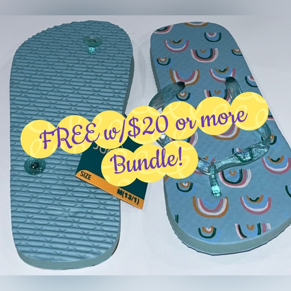 FREE w/Bundle over $20 kids teal glitter strap rainbow flip-flops medium 13/1